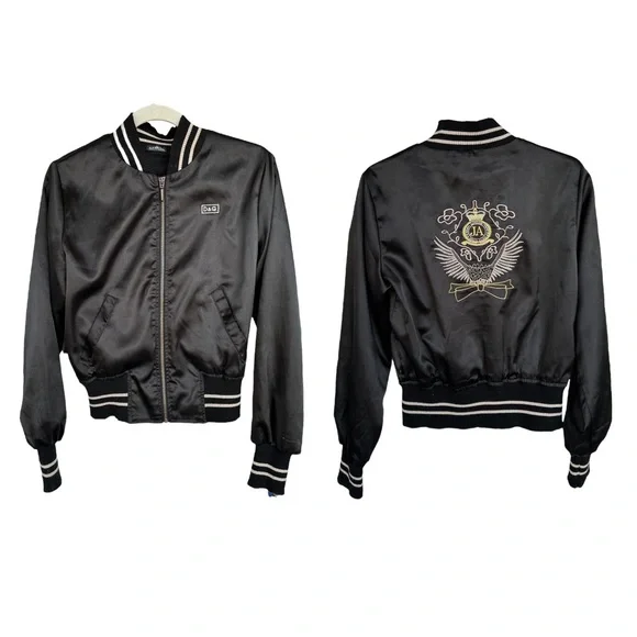 Dolce & Gabbana Vtg. Y2K black satin Bomber jacket embroidery Logo S - Picture 8 of 15